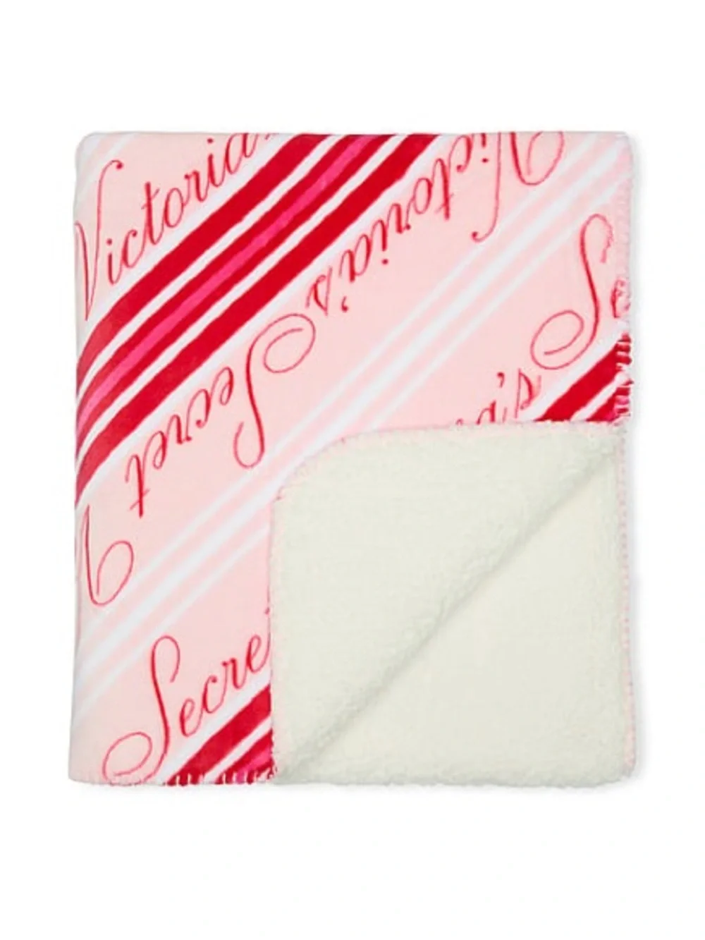 Victoria's Secret Script Pink & Red Stripe Cozy Sherpa Throw Blanket